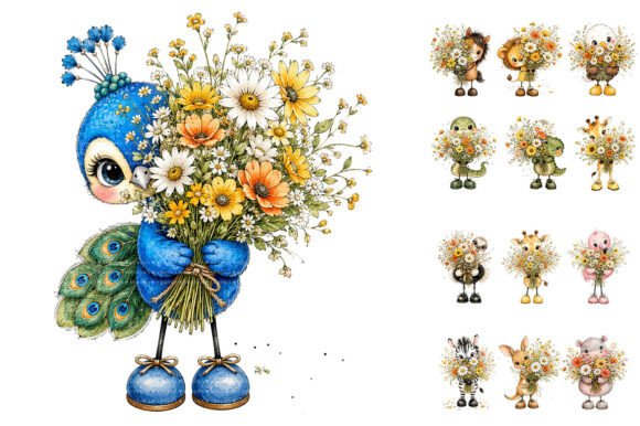 Download Cute Spring Animals Holding Wildflower - Flower Collection