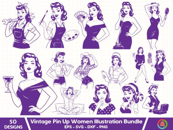 Download Vintage Pin Up Women Illustration Bundle - Premium Resources